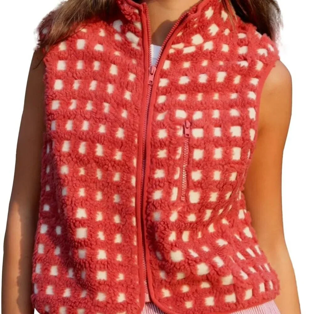 Womens Checkered Sherpa Vest Fleece Jacket Lightweight Zip Up Sleeveless Crochet